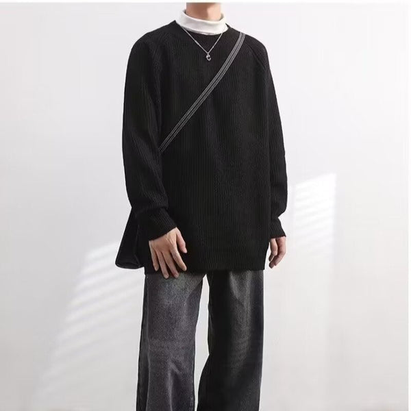 Retro Solid Color Round Neck Vertical Pattern Sweater men
