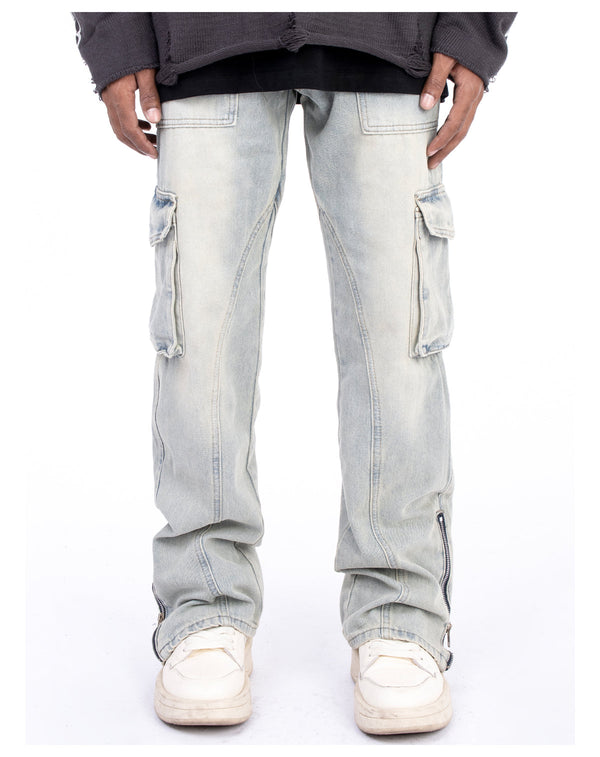 American Style Autumn And Winter Washed Old Micro Elastic Jeans With Zipper