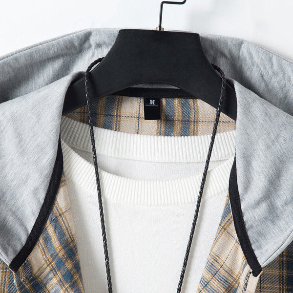 Men's Casual Plaid Long Sleeve Hooded Shirt