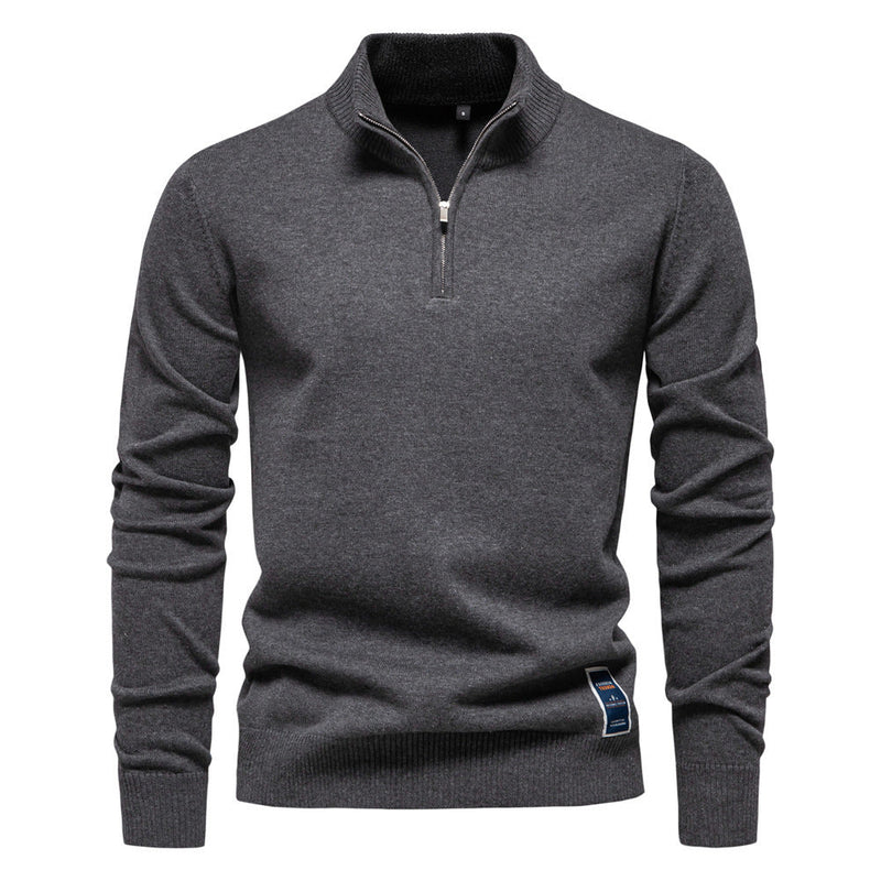 Men's Stand Collar Half Zip Solid Color Cotton Sweater