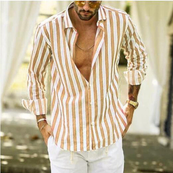 Striped long sleeve button lapel men's casual lining shirt
