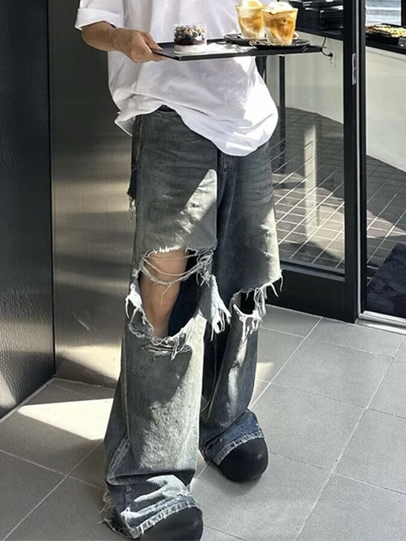 Big Ripped jeans Men And Women Retro Washed
