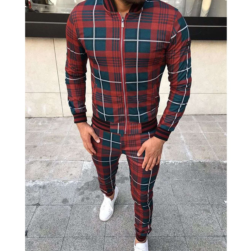New Men's Leisure Tracksuits Men Grid Two-piece Patchwork Zipper Tracksuits