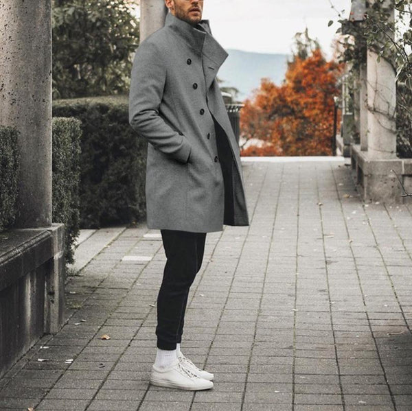 Men's mid-length stand-up collar woolen trench coat