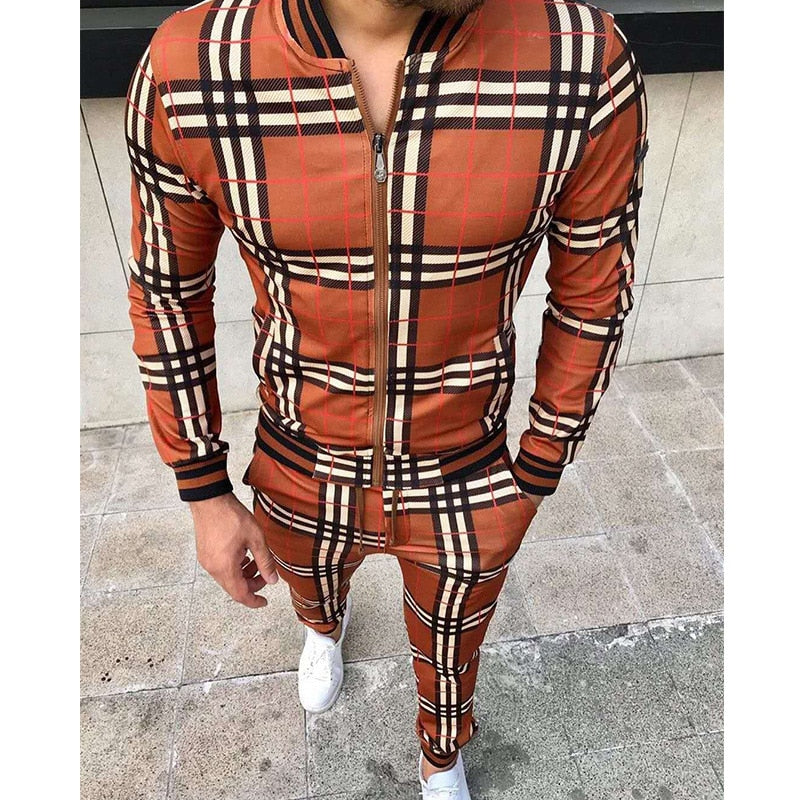 New Men's Leisure Tracksuits Men Grid Two-piece Patchwork Zipper Tracksuits
