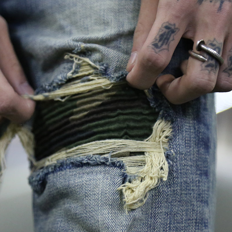High Street Tide brand wash water hole patch jeans