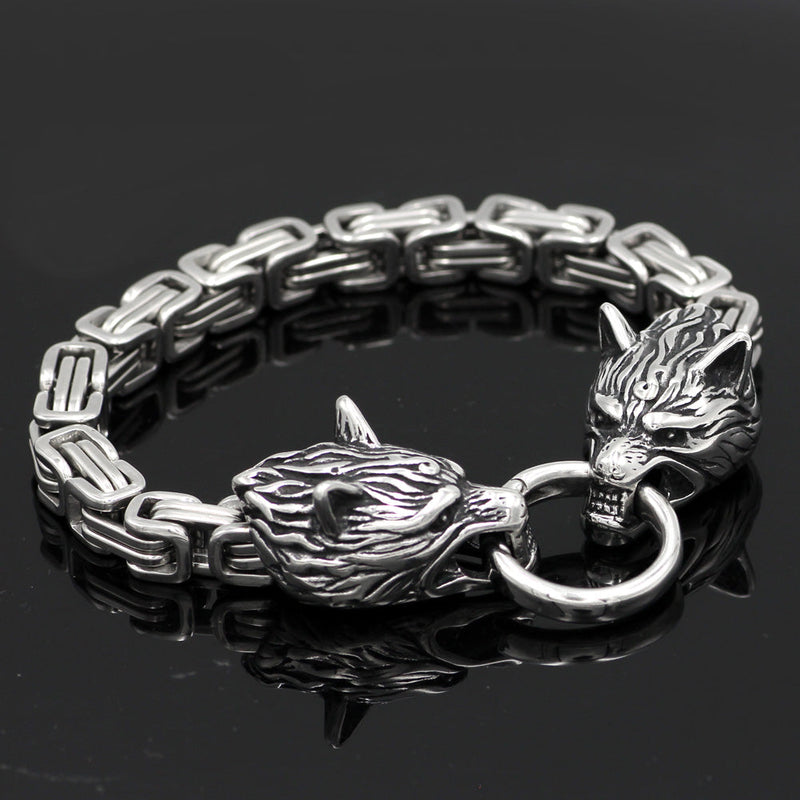 King chain viking wolf head bracelet men