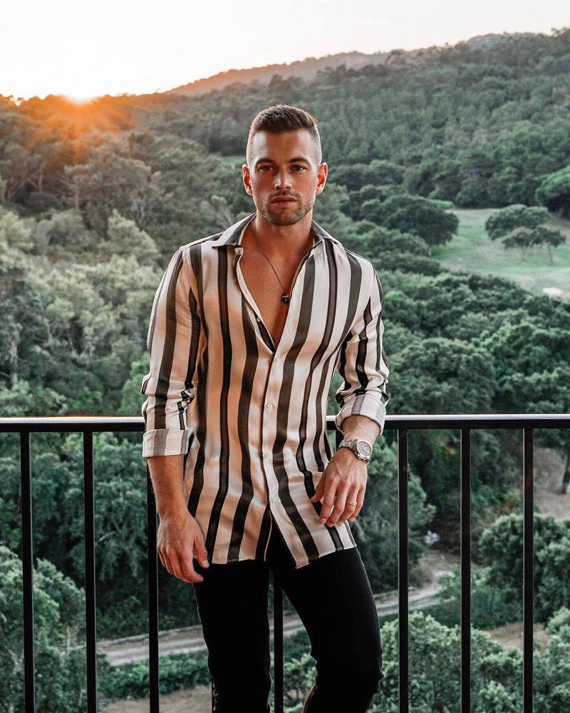 Striped long sleeve button lapel men's casual lining shirt