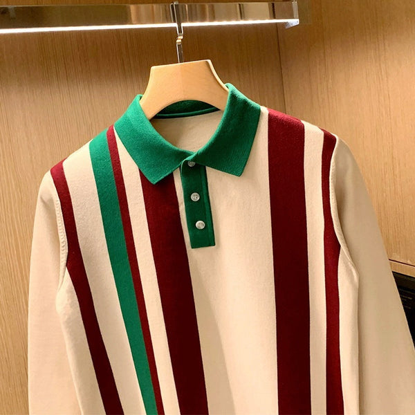 Young Vertical Striped Knitted Long Sleeve Color Matching Lapel Sweater