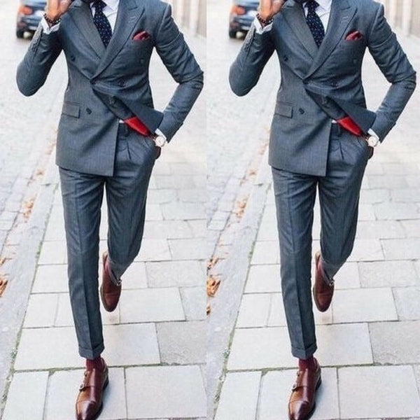 Dark Grey Men Peaked Lapel Double Breasted Formal Business Suit