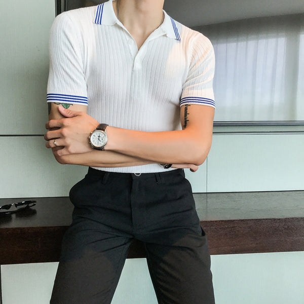 Striped Contrast Color Lapel Knit Men's Business T-Shirt