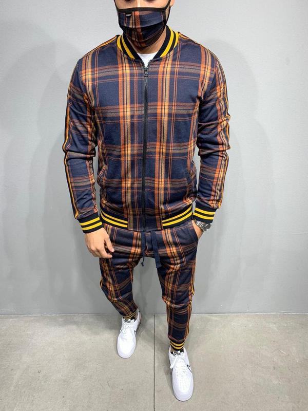 New Men's Leisure Tracksuits Men Grid Two-piece Patchwork Zipper Tracksuits