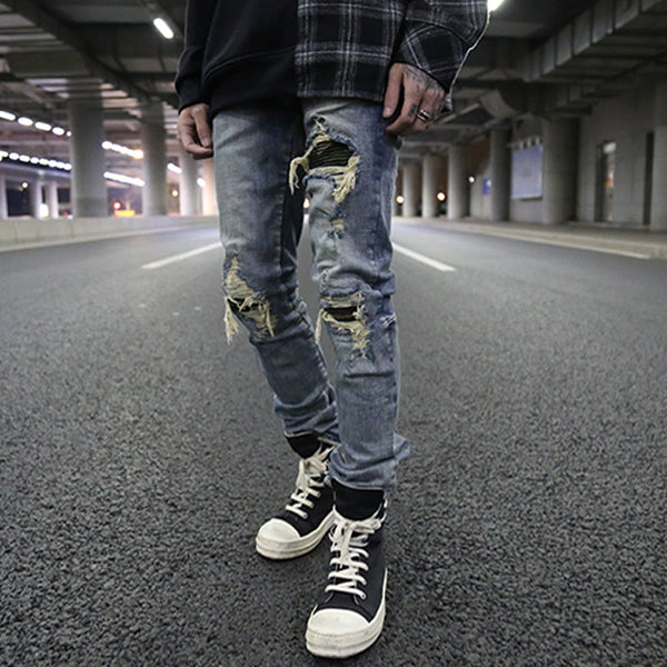 High Street Tide brand wash water hole patch jeans
