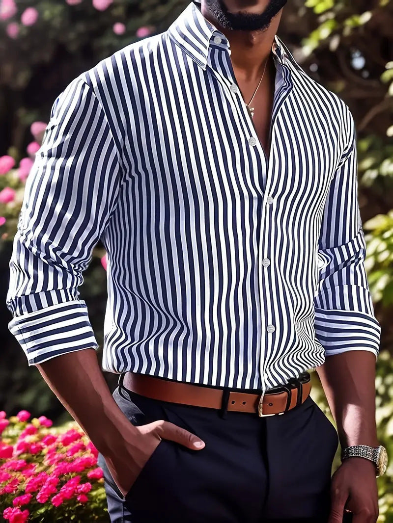 Ins Stripe Printed Long Sleeve Shirt Men