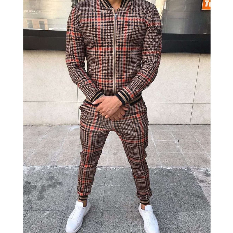 New Men's Leisure Tracksuits Men Grid Two-piece Patchwork Zipper Tracksuits
