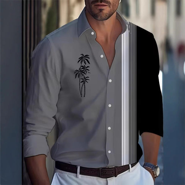 Men's Long Sleeve Palm Tree And Striped Printed Shirt