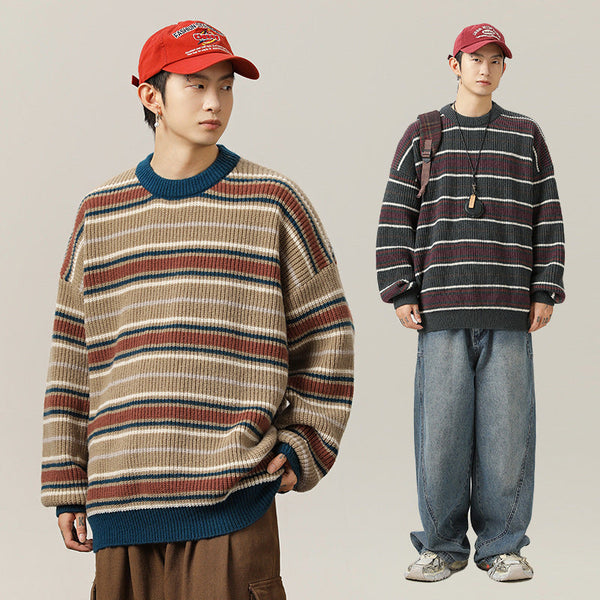 Vintage Contrast Color Striped Round Neck Sweater