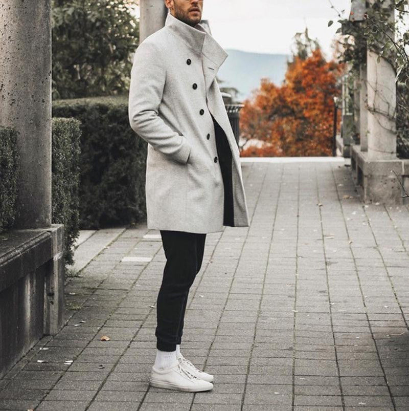 Men's mid-length stand-up collar woolen trench coat