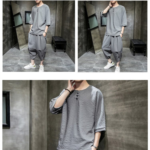 Ethnic style thin cotton and linen jumpsuit men
