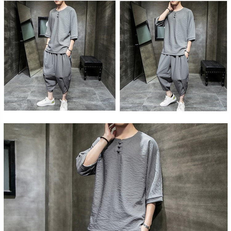 Ethnic style thin cotton and linen jumpsuit men