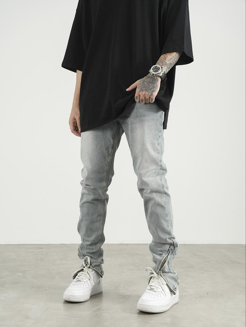 Men High Street Scimitar Zipper Split Slim Jeans