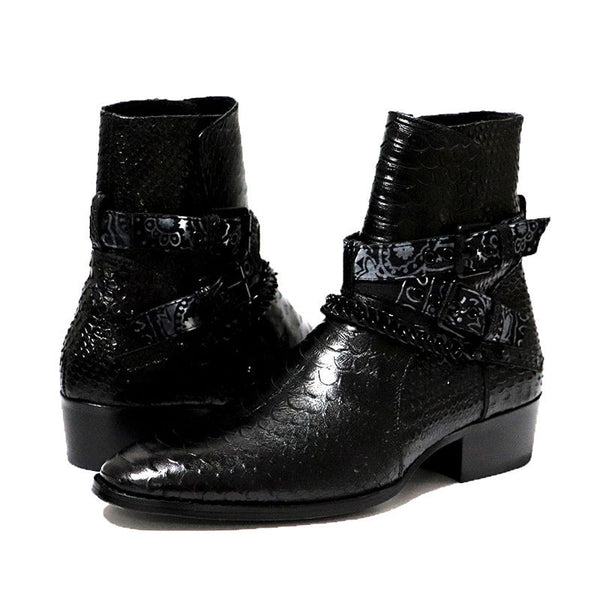 Men's Leather Serpentine Pointed Flower Chelsea Boots