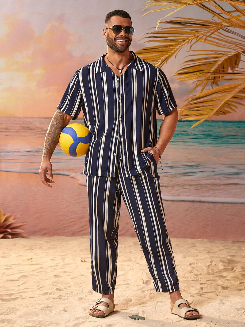 Casual Striped Short Sleeve Shirt Trousers Suit