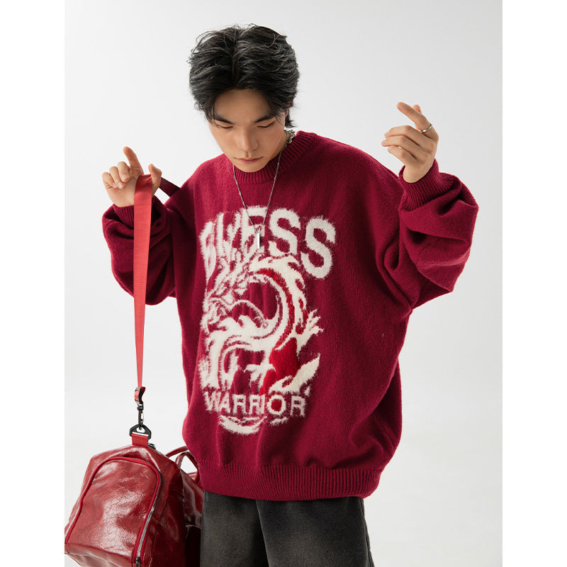 Couple Dragon Year Theme Round Neck Brocade Sweater