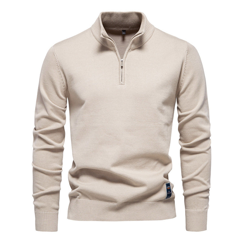 Men's Stand Collar Half Zip Solid Color Cotton Sweater