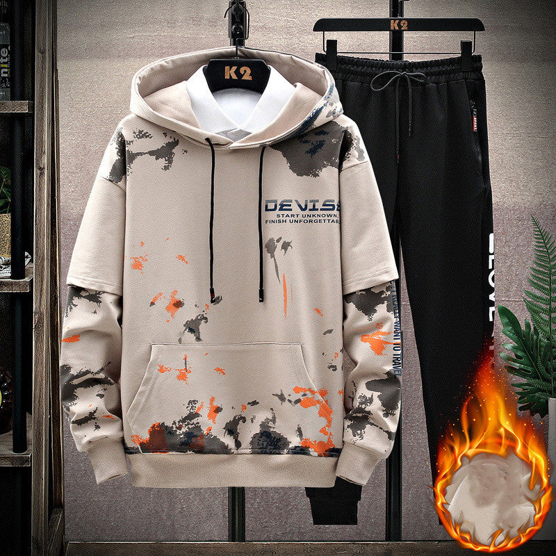 Printed Kangaroo Pocket Sports Hooded Sweater jumpSuit Men