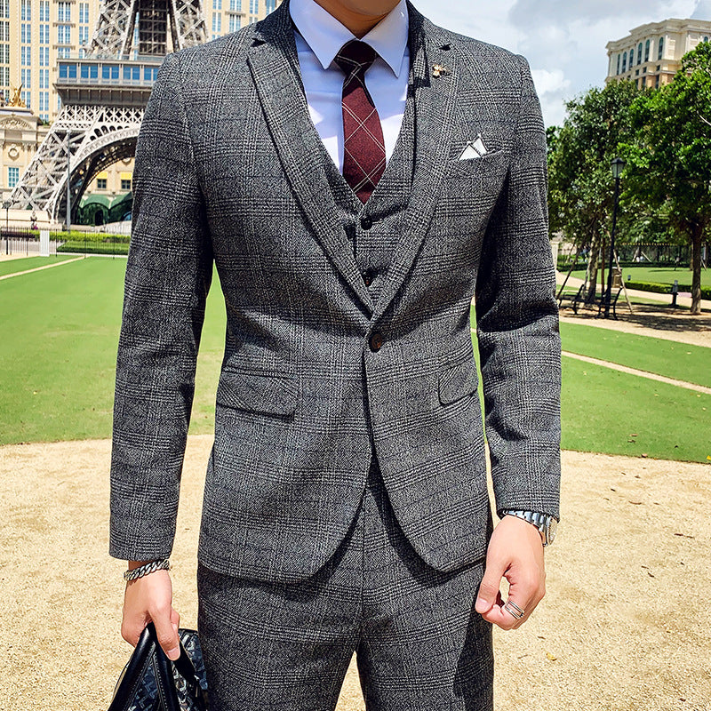 Plaid Korean Style Slim Men's Three-piece Suit