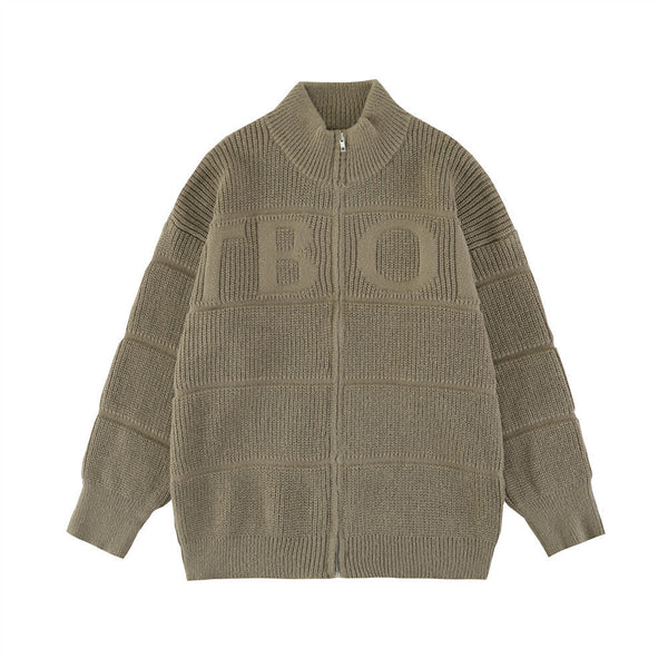 Sunken Stripe Textured Jacquard Cardigan Stand Collar Sweater