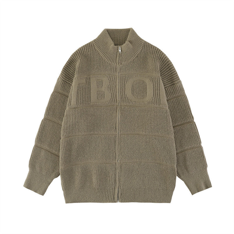 Sunken Stripe Textured Jacquard Cardigan Stand Collar Sweater