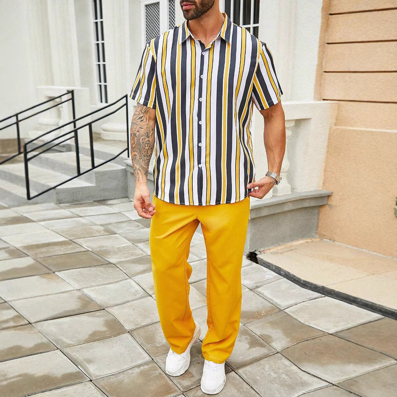 Casual Striped Short Sleeve Shirt Trousers Suit