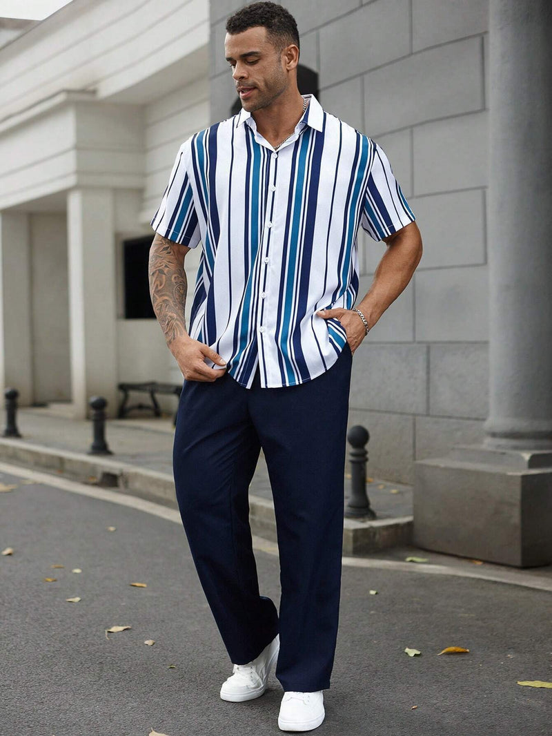 Casual Striped Short Sleeve Shirt Trousers Suit