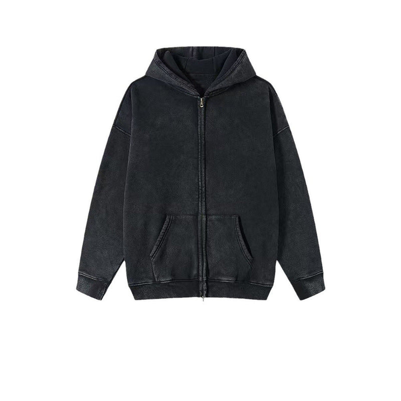 Washed Hooded Cardigan Vintage Fleece-lined Double Zipper Sweater