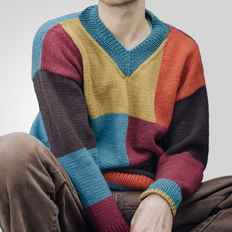 Men's Knitwear V-neck Color-block Long Sleeve Pullover sweater