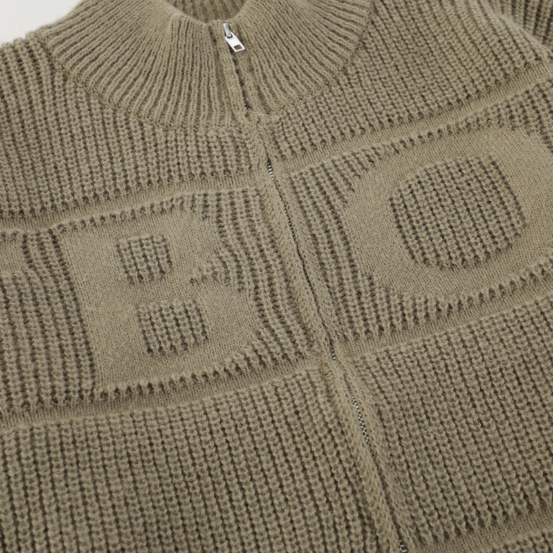 Sunken Stripe Textured Jacquard Cardigan Stand Collar Sweater