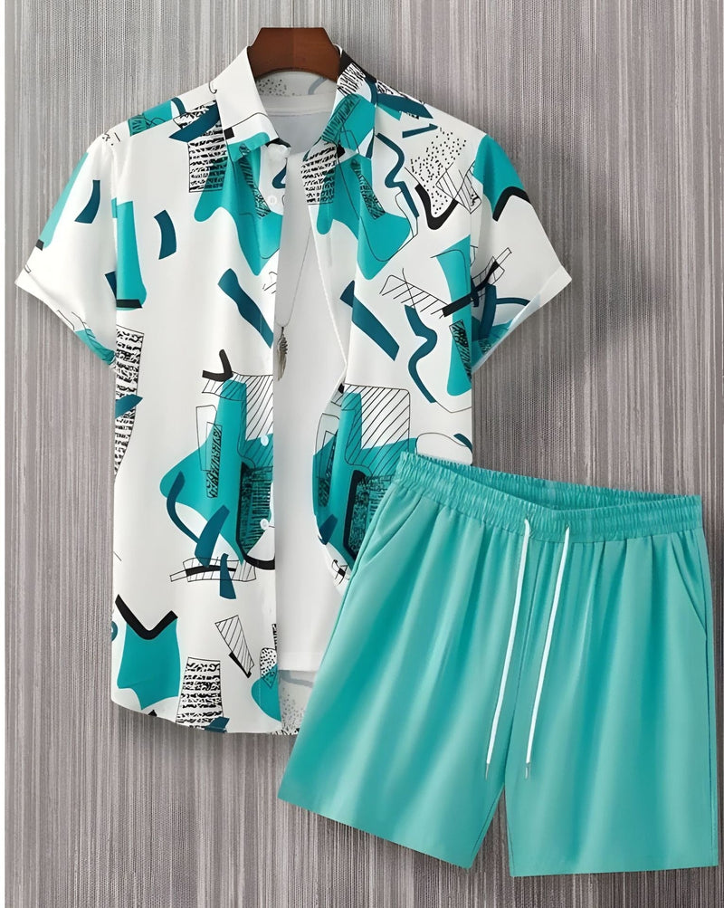 Black And White Striped Hawaiian Men's Shirt Set