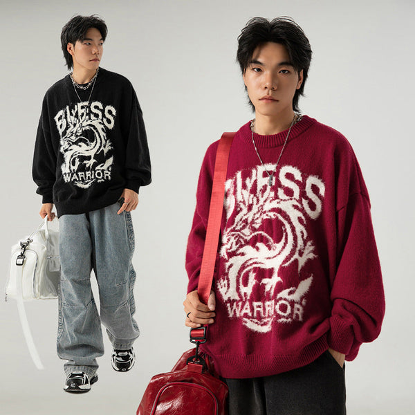 Couple Dragon Year Theme Round Neck Brocade Sweater