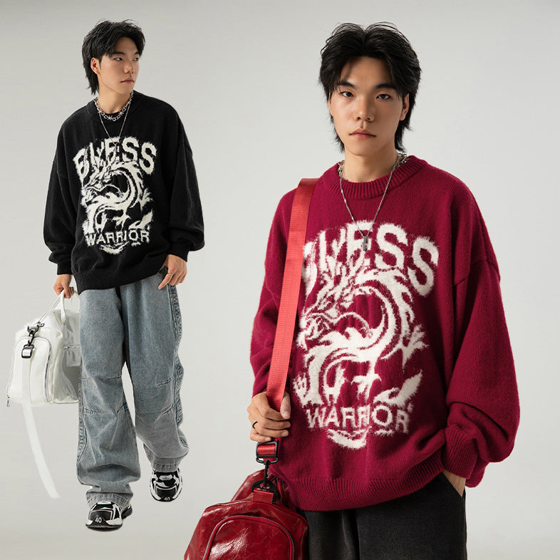 Couple Dragon Year Theme Round Neck Brocade Sweater