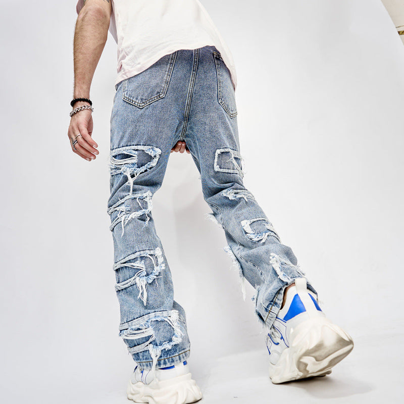 High Street Trousers Men Patched Straight Fit Men's Hip Hop Jeans