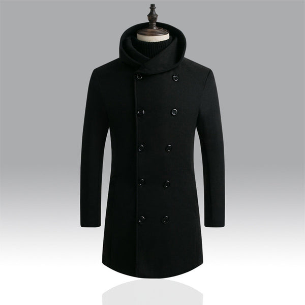 Men's Mid-Length Woolen Padded Hooded Trench Coat
