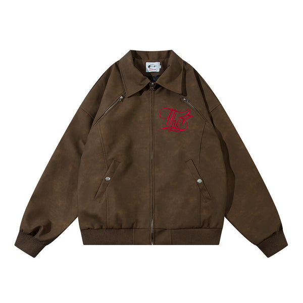 Art Gothic Letter Embroidery Loose Leather Coat