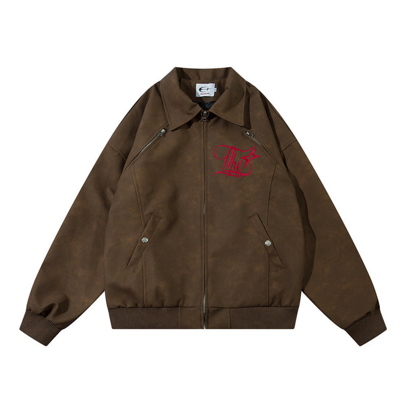Art Gothic Letter Embroidery Loose Leather Coat