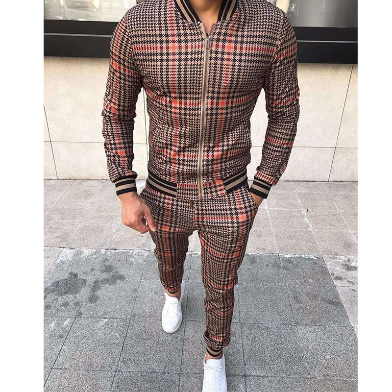 New Men's Leisure Tracksuits Men Grid Two-piece Patchwork Zipper Tracksuits