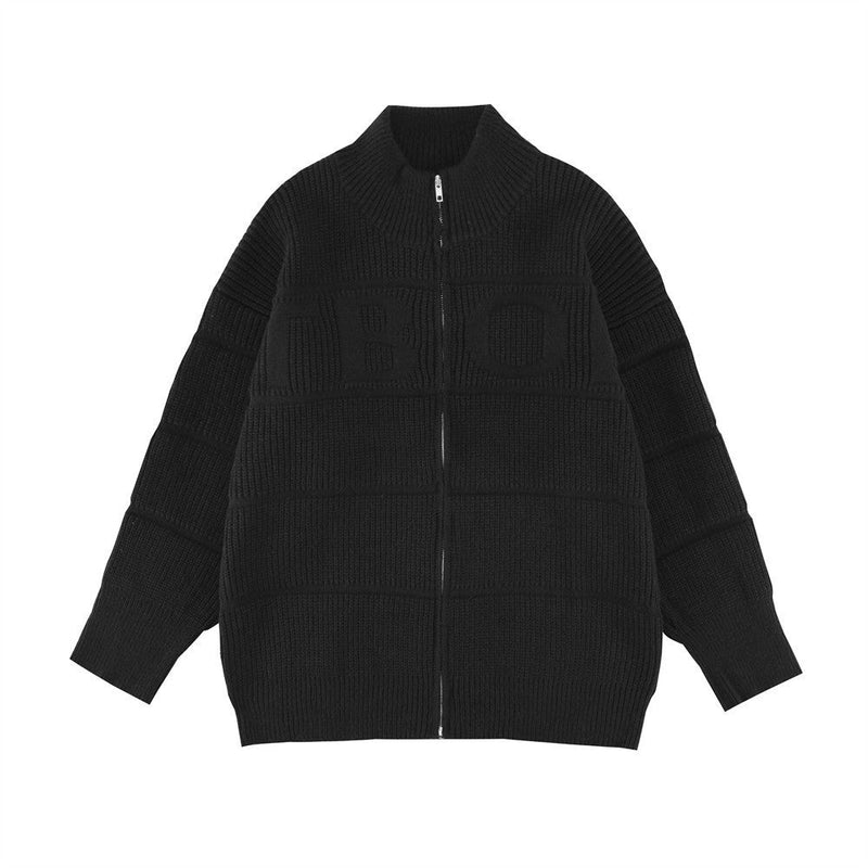 Sunken Stripe Textured Jacquard Cardigan Stand Collar Sweater