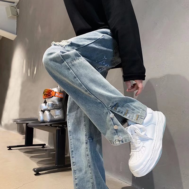 American Letter Embroidered Jeans High Street Hip Hop Straight-leg Pants
