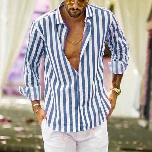 Striped long sleeve button lapel men's casual lining shirt