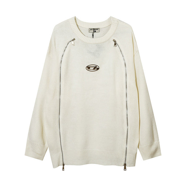 Men's High Street Two-way Zipper Patchwork Round Neck Sweater